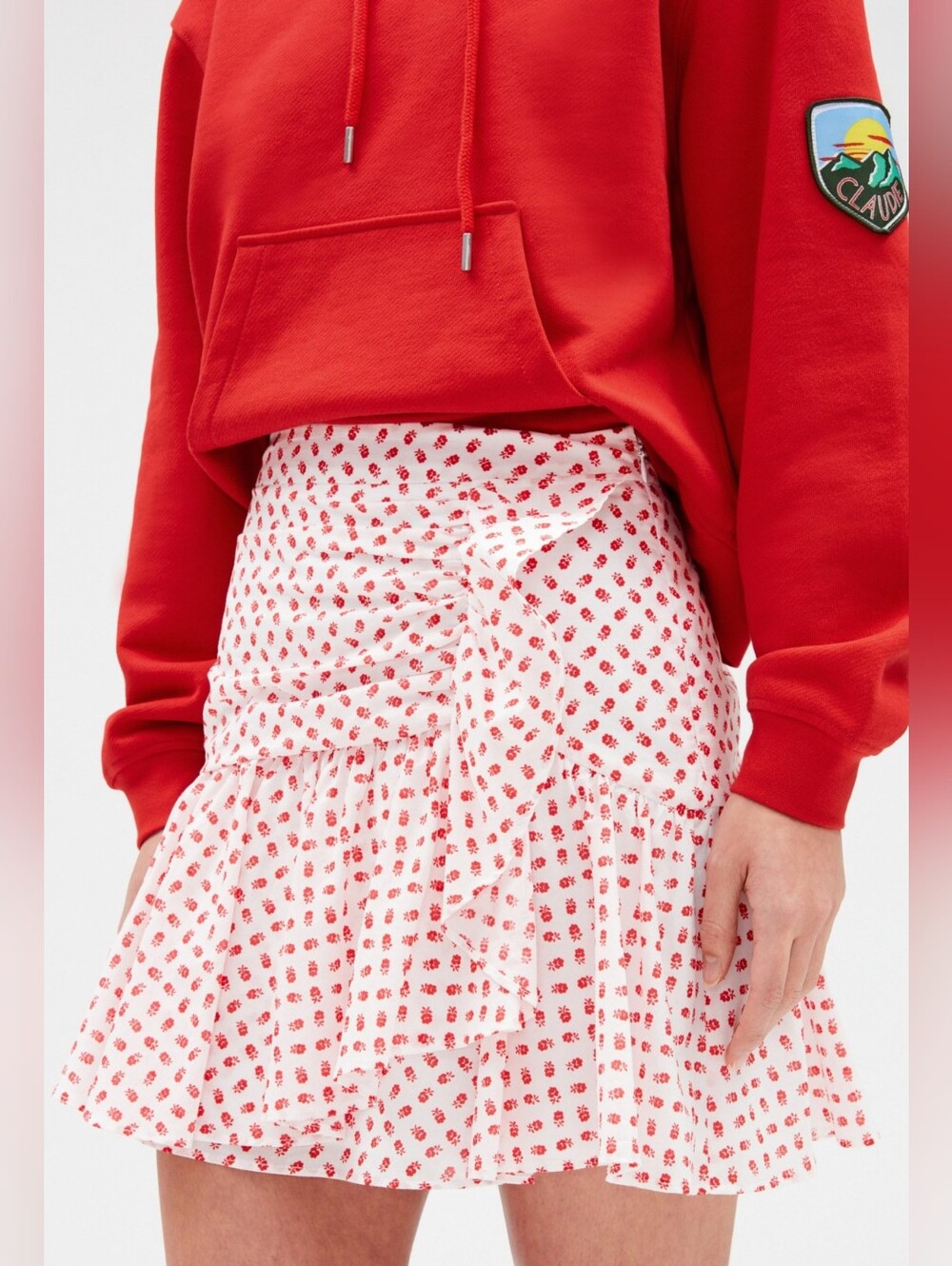 Claudie Pierlot White Red Pink Floral Ruffle Mini Skirt